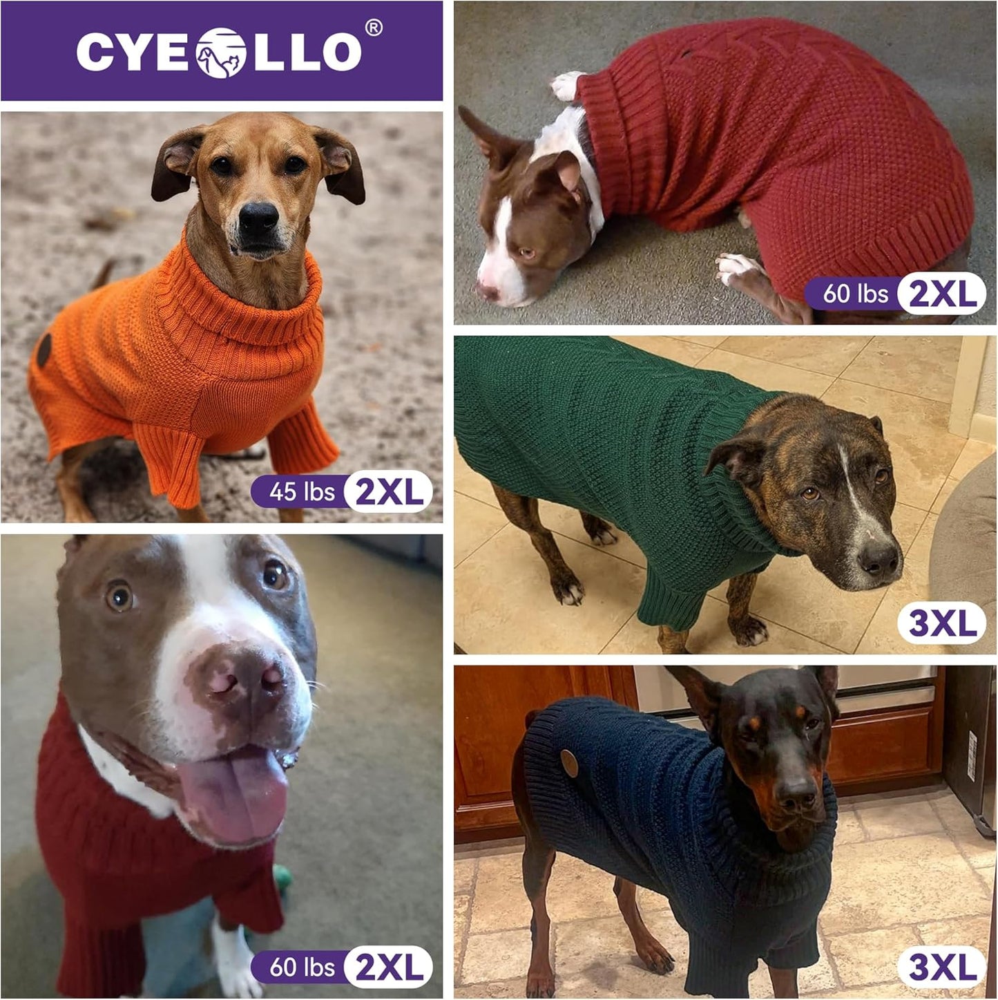 cyeollo 2XL Dog Sweater, Warm Stretchy Sweaters for Large Dogs Boy, Pullover Knitted Thermal Winter Big Dog Clothes with Sleeves, Turtleneck Pet Beagle Border Collie Apparel, Brown XXL