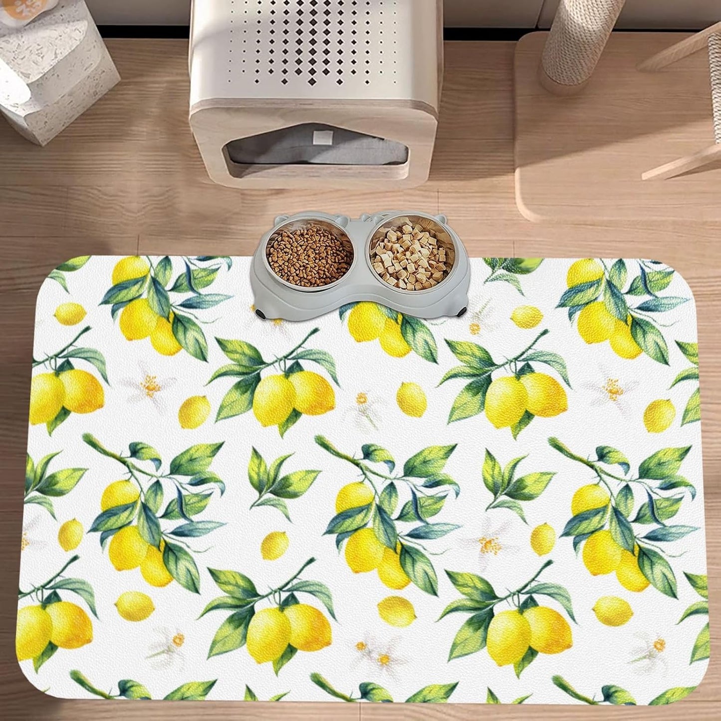 Tropical Lemon Leaves Dog Food Mat Absorbent Bowl Mats No Stains Quick Dry Waterproof Pet Cat Placemats for Food and Water, 30x45cm
