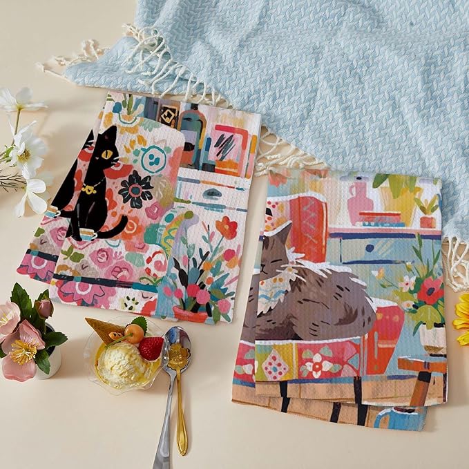 Cute Cat Kitchen Towels Set of 2 Cats Decoration for Cat Lovers Cat Kitchen Accessories Cat Mom Gifts for Women Cute Hand Towels Decorative Set for Kitchen & Bathroom 16×24 Inch