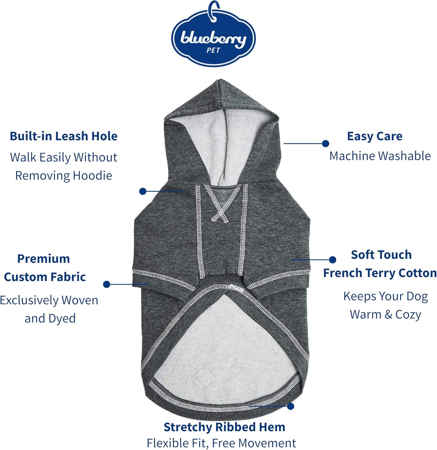 Blueberry Pet Essentials Soft & Comfy Better Basic Cotton Blend Dog Hoodie Sweatshirt in Charcoal Grey, Back Length 20", Pack of 1 Jacket for Dogs