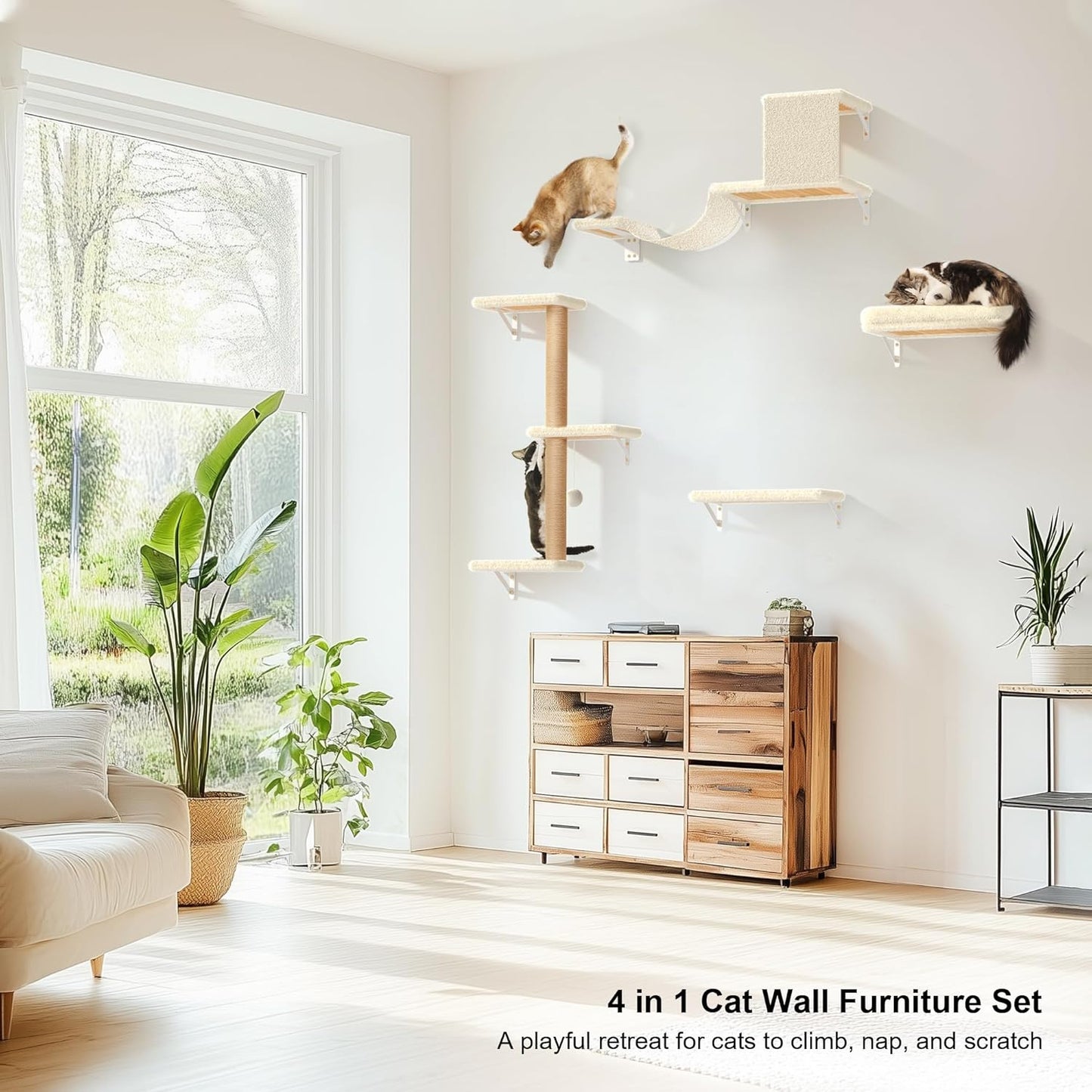 FUKUMARU Cat Wall Shelves, Stable & Safe 4 in 1 Large Cat Walls Furniture Set, Wooden Kitten Climbing Wall with Scratching Post for 16 Inch Drywall - Beige