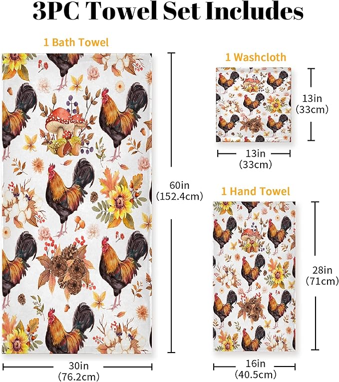 Gaming 3 Piece Towel Bathroom Sets, 1 Bath Towel, 1 Washcloth, 1 Hand Towel, Cotton Fast Dry Soft Absorbent Towel Set for Home Kitchen Family (Fall Chicken)