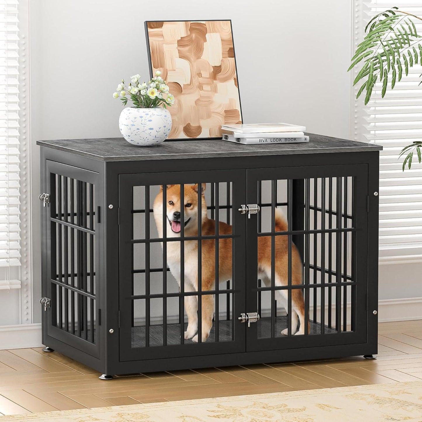 38 Inch Heavy Duty Dog Crate Furniture for Large and Medium Dogs, Decorative Pet House End Table, Wooden Cage Kennel Furniture Indoor, Gray