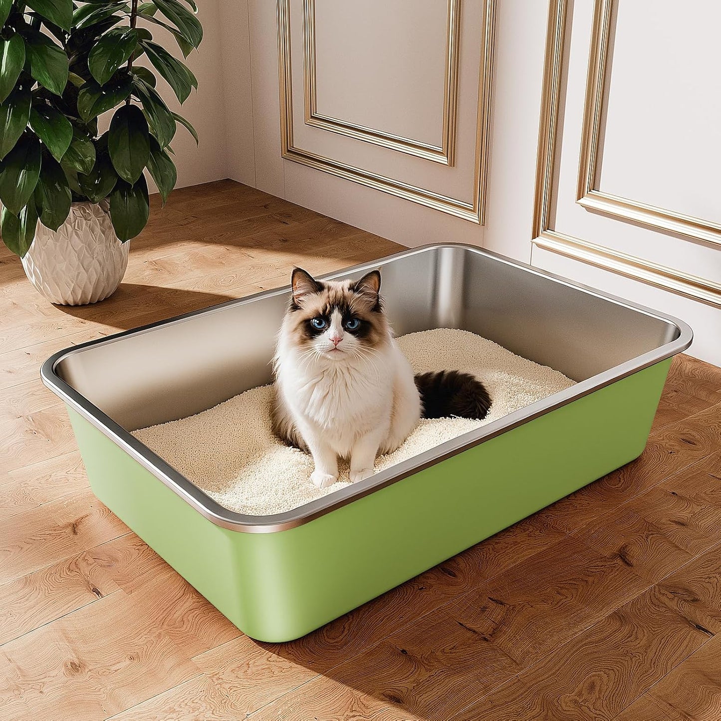 Stainless Steel Litter Box, Large Metal Cat Litter Box with High Sided for Big and Small Cats, Non-Stick, Easy to Clean, Odor-Free, 23.4" L×15.6" W×5.9" H, Leaf Green