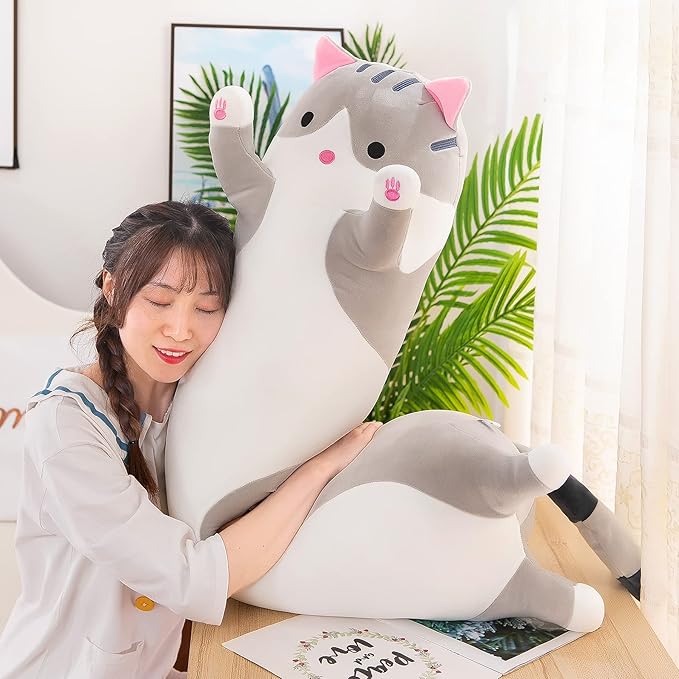 Plush Cat Soft Kids Plush Toy Pillow Plush Long Cotton Kitten Cuddly Toy Stuffed Animal Toy Gift for Kids Girlfriend(Gray, 130cm/51.2in)