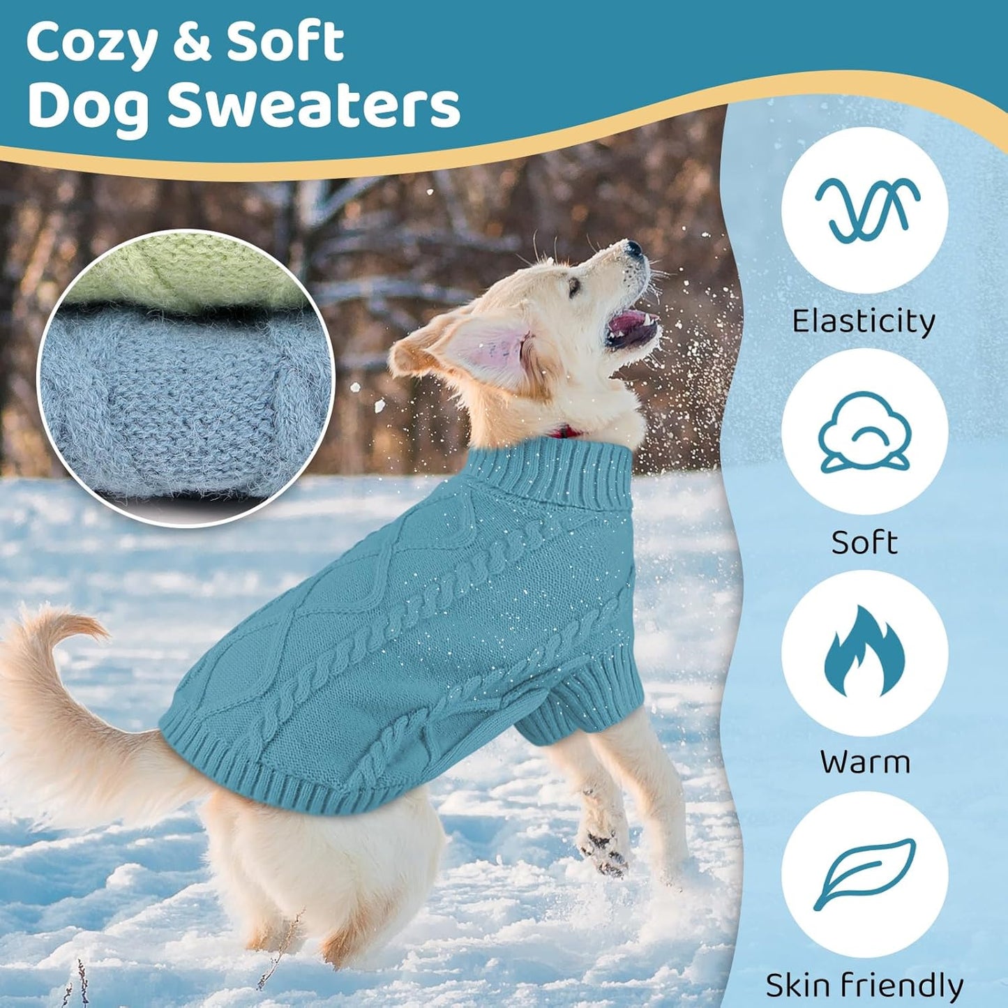 Queenmore Small Dog Pullover Sweater, Cold Weather Cable Knitwear, Classic Turtleneck Thick Warm Clothes for Chihuahua, Bulldog, Dachshund, Pug (Peacock Blue, Small)