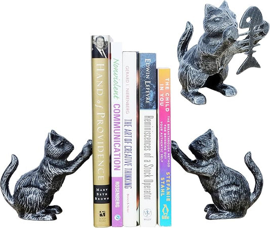 PandS Vintage Cat Decorative Bookends Antique Bookshelf Decor, Cast Iron Book Ends Holders, Gothic Decor for Home & Office Desk, Gift for Cat Lovers