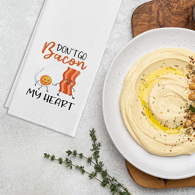 Funny Kitchen Towels Don't Go Bacon My Heart Dish Towels Cute Decorative Dishcloths with Sayings Great Housewarming Gifts Novelty Kitchen Decor Gifts for Women Men Hostess Chef Bacon Lover