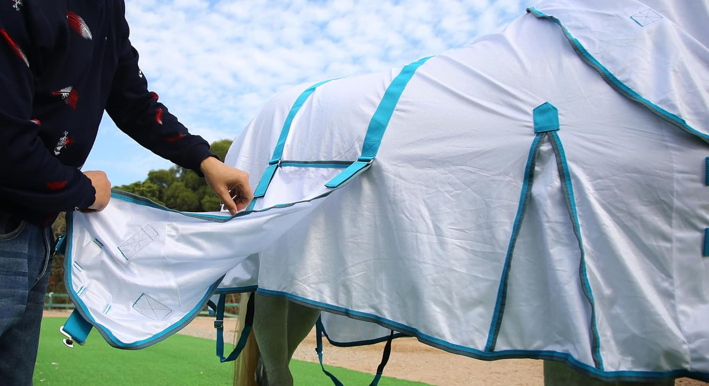 Horse Fly Sheet with Detachable Neck Cover & Belly Wrap, Adjustable Fly Sheet for Horses, Ventilated Airflow Mesh Equine Cooling Summer Flysheet White 69