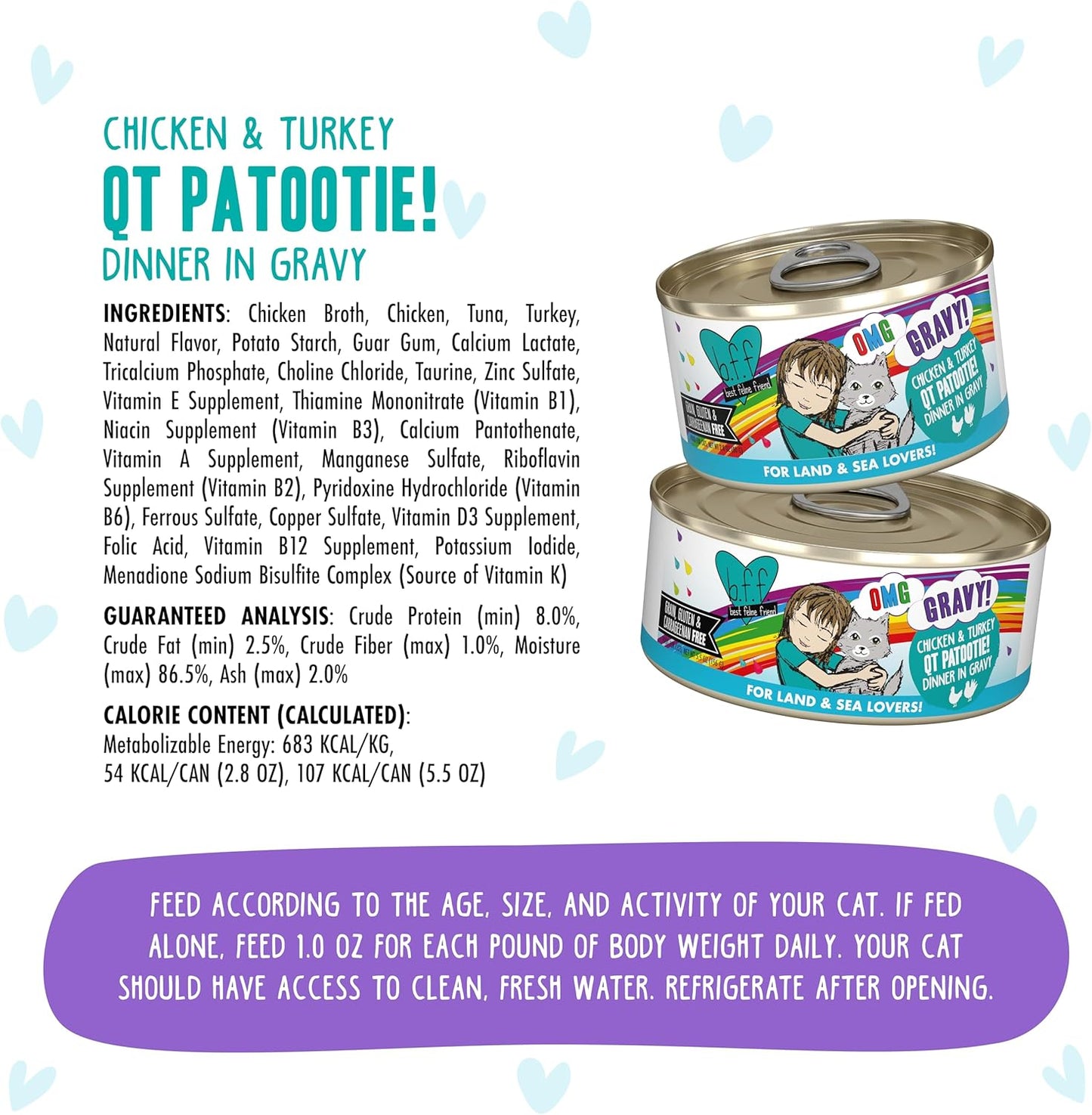 Weruva B.F.F. OMG - Best Feline Friend Oh My Gravy! Grain-Free Wet Cat Food Cans, QT Patootie! Chicken & Turkey, 2.8 oz Can (Pack of 12)