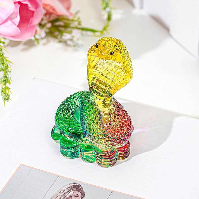 HDCRYSTALGIFTS 3.5 Inch Crystal Snake Figurine Collectible Modern Art Glass Cobra Statue Handmade Chinese Zodiac Animal Sculpture Ornament New Year Decor