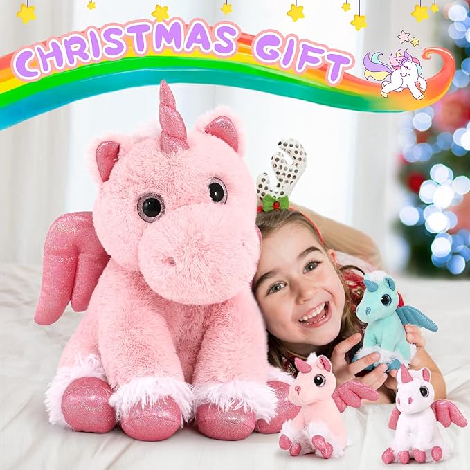 MorisMos Pink Unicorn Stuffed Animal with Babies,18'' Large Stuffed Mommy Unicorn Stuffy with Babies for Kid,4Pcs Unicorn Plush Toy Gifts for Girl,Pregnant Stuffed Animals for Baby Shower Birthday