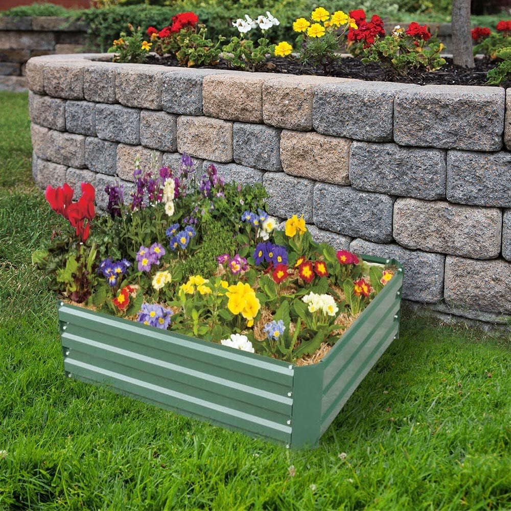 4x4x1ft Metal Raised Garden Bed Kit，Galvanized Garden Bed Box for Vegetables, Flowers, Herbs, and Succulents,120 Gallon Capacity - Green