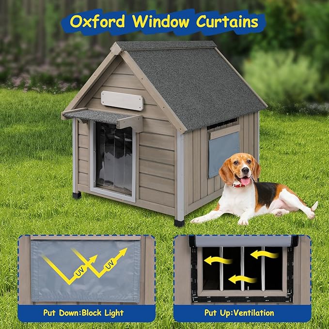 Outdoor Dog House Waterproof for Medium Small Dogs with Anti-Chewing Iron Frame, Adjustable Vent Window, Indoor & Outdoor Doghouse Kennel Puppy Shelter, Easy Clean and Assemble (26" L*31.9" W*32" H)