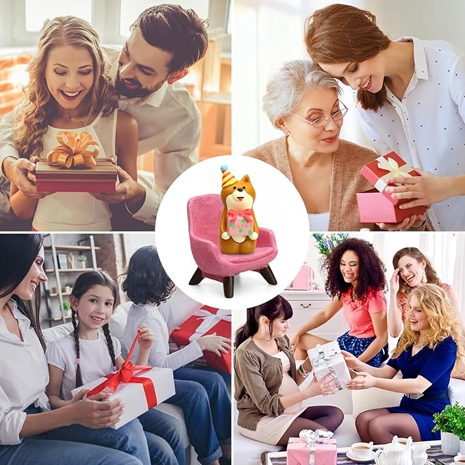 Cute Mini Puppy Holding a Gift Figurine - Resin Dog for Office, Home Decoration for Dog Lovers - Pink Sofa