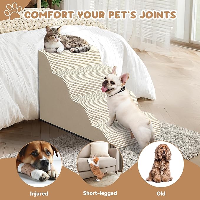 Dog Ramp and Stair for Bed 16" H-20 H,3-Step Cat Stair for Sofa and Chair,4-Step Dog Ramp for High Bed and Window,Durable Nonslip Fabric Cover for Indoor (Beige-20 H, Pet Friendly, 4)