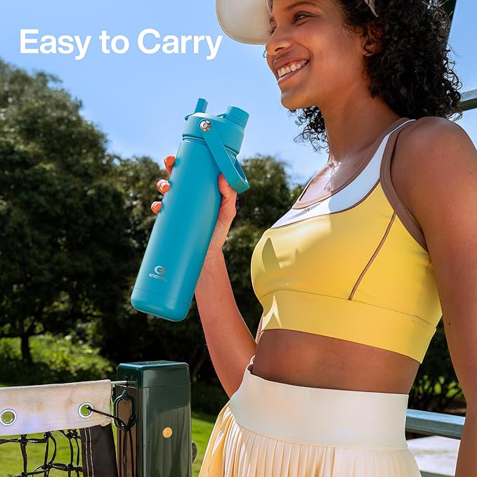 Insulated Water Bottle with Straw - Encool Stainless Steel Water Bottle, Leak-Proof, BPA-Free, Double Wall Vacuum Keeps Cold for 24 Hours for Sports, Travel, School (32 oz, Azure Blue)