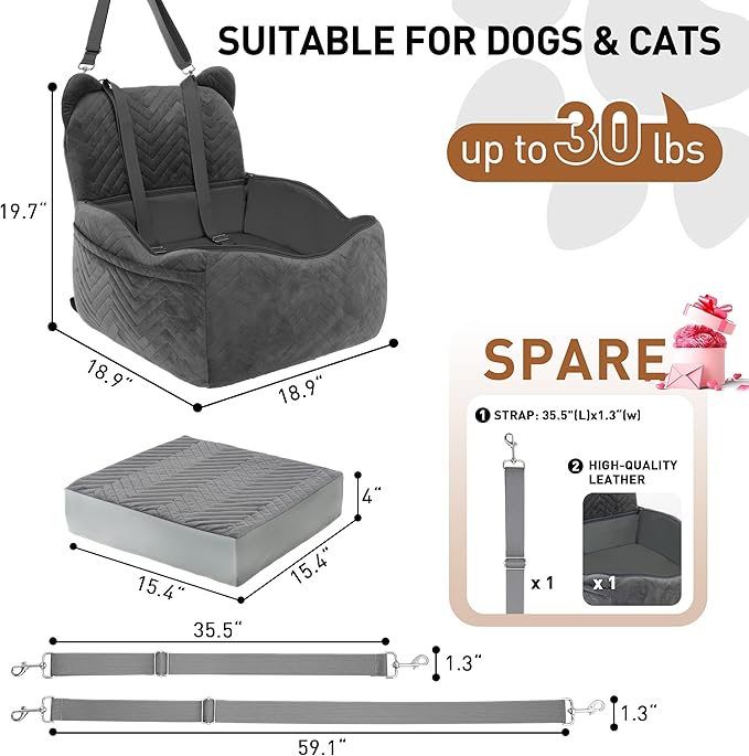 Dog Car Seat Booster with Waterproof Cover, Memory Foam, Small/Medium Dog Bed for Car Back Seat for Travel, Grey, 2 Safety Belt