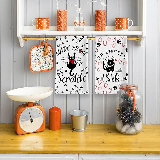 Cat Kitchen Towels Set of 2 - Hand and Dish Towels for Cat Lovers, Funny Tea Towels, Gifts for Women 18x28 Inches