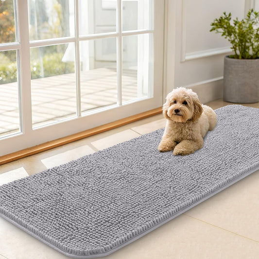 OLANLY Dog Door Mat for Muddy Paws 59x20, Absorbs Moisture and Dirt, Absorbent Non-Slip Washable Doormat, Quick Dry Chenille Mud Mat for Dogs, Entry Indoor Entryway Carpet for Inside Floor, Light Grey