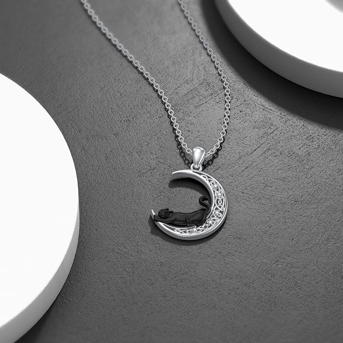 Diamond Black Cat Necklace for Women 925 Sterling Silver Cat on Moon Necklace Pendant Black Cat Jewelry Gifts for Women Mom Wife Girlfriend Daughter Girls
