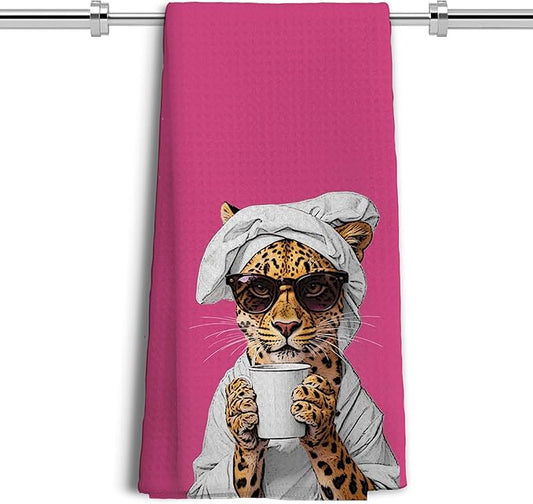 Trendy Sunglasses Leopard Hand Towels for Bathroom Decor, Hot Pink Maximalist Cheetah Dish Tea Towels for Kitchen Decor, Leopard Drinking Coffee Kitchen Towels,16x24 Inches