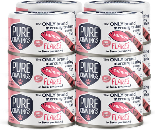 Salmon Flakes in Tuna Consommé, Canned Wet Cat Food Soup, 100% Mercury-Tested, Moist Can Fish, Grain-Free Protein, Non-GMO, 3oz, Pack of 12