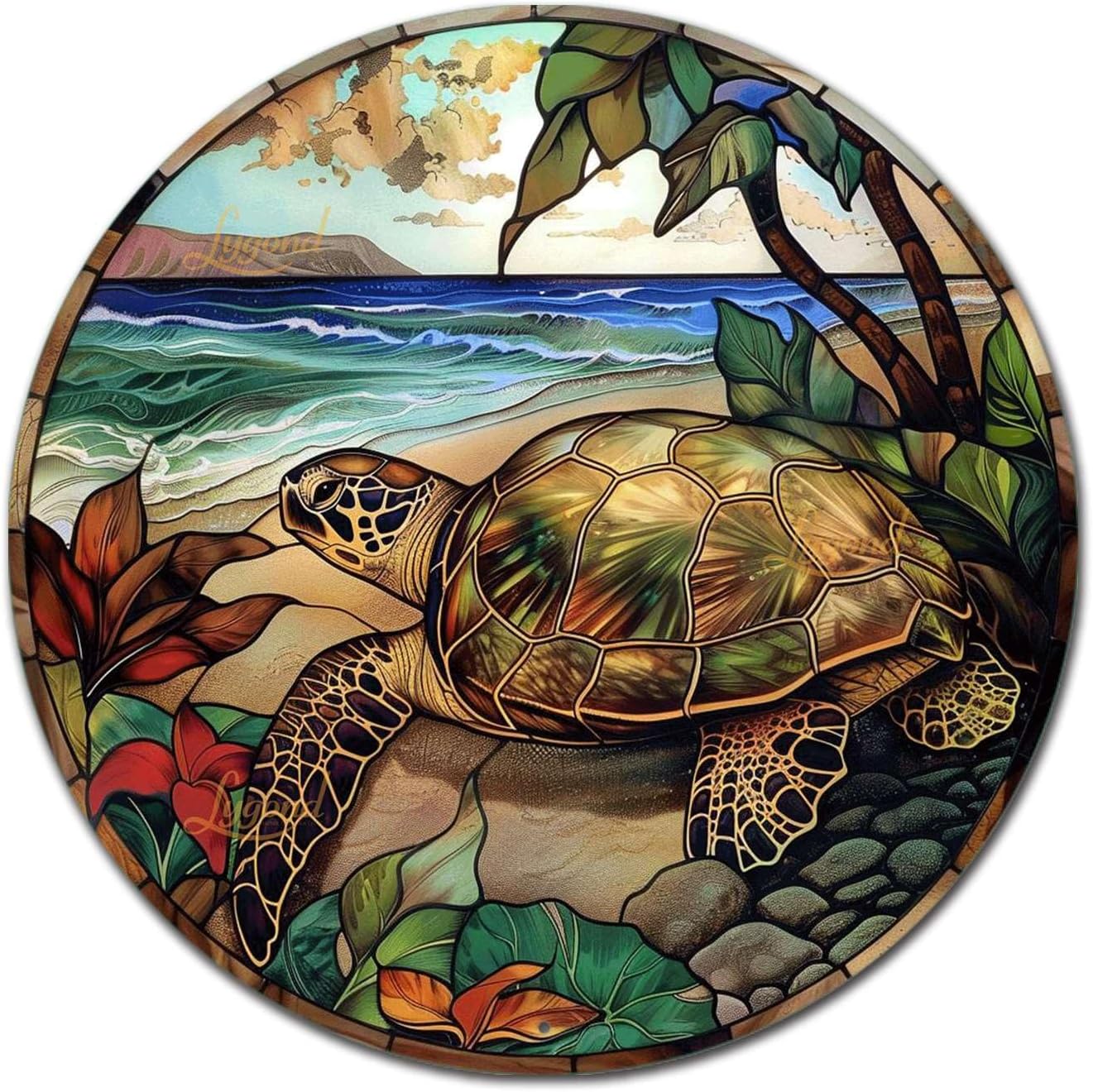 Lygond Metal Stained Glass Turtle Tin Sign for Home Decor - 1212 Inches