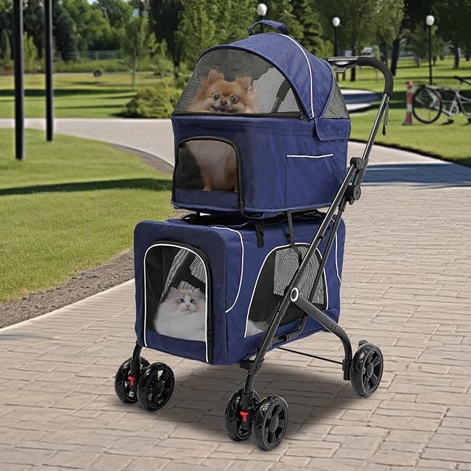 Double Pet Stroller,3.07lbs Dog Cat Carrying Cart,Lightweight Foldable Pet Stroller with 4 Wheels,Blue Portable Compact Pet Travel Cart for Small Dogs and Cats (Blue)