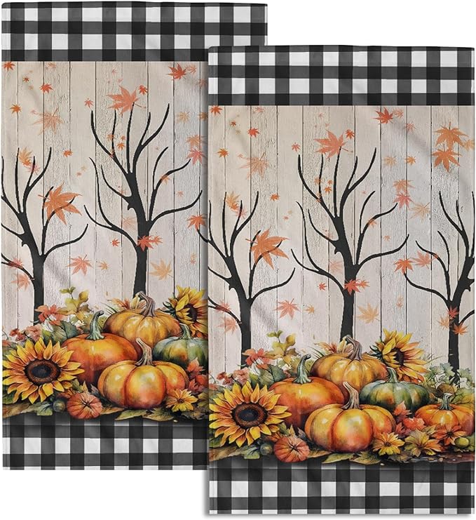 Giwawa Autumn Pumpkin Hand Towels Buffalo Check Bathroom Towel Set of 2 Kitchen Dish Towel Soft Small Bath Guest Towel for Hotel Spa Gym Sport