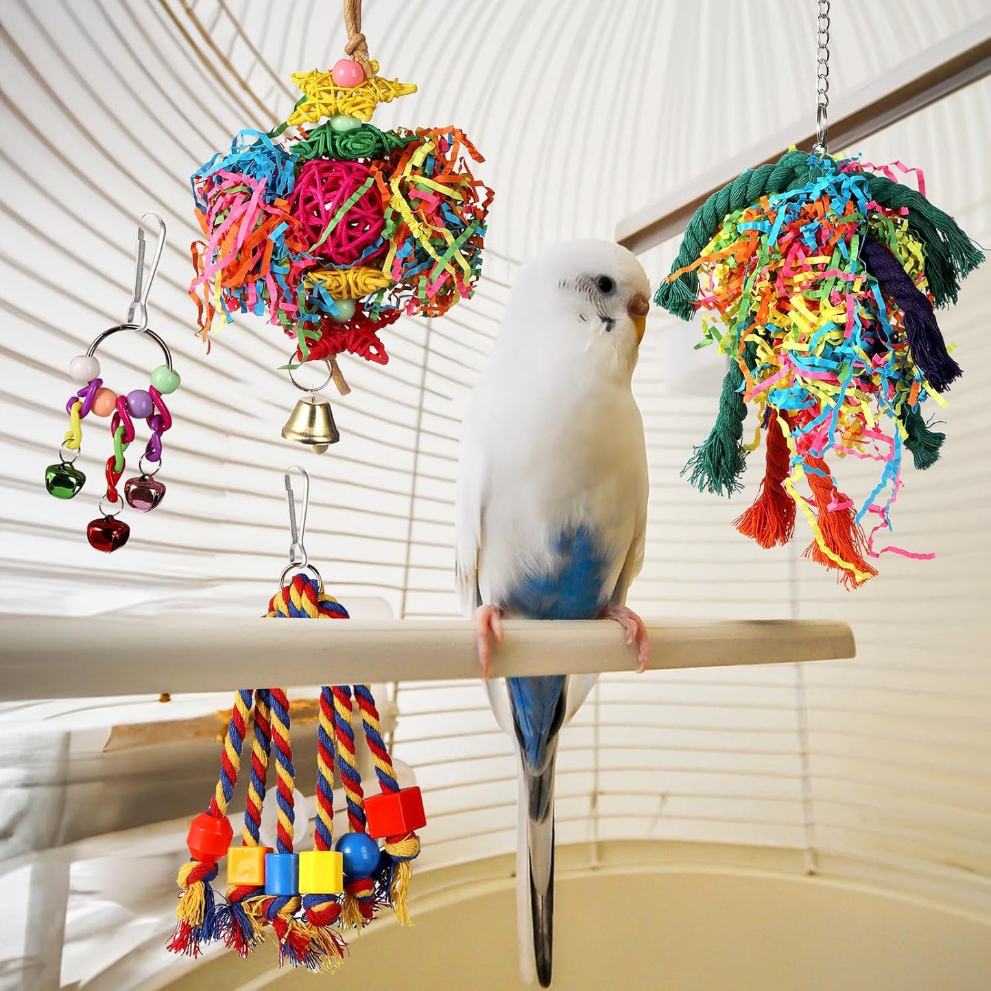Lyellfe 7 Pieces Bird Chewing Toys, Bird Toys for Parakeets, Colorful Wood Parrot Foraging Shredder Toy Swing Hanging for Cockatiels, Budgerigar, Conures, Finches