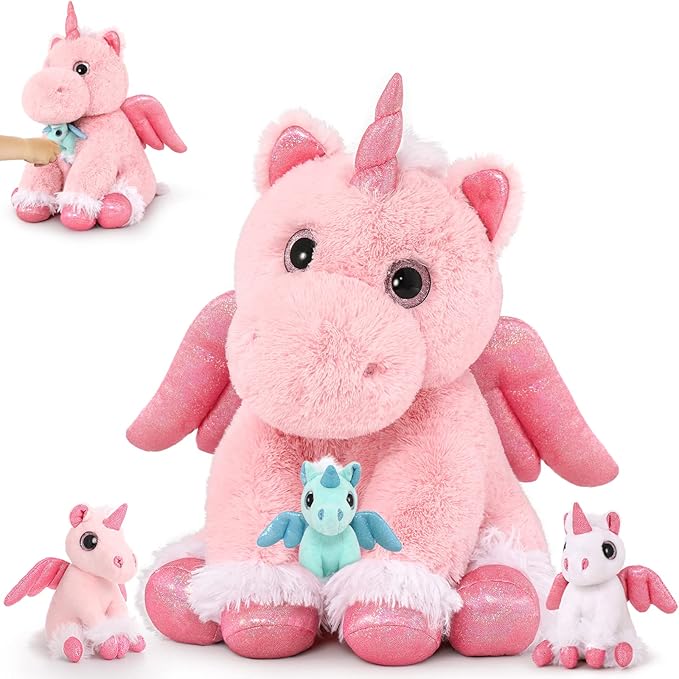 MorisMos Pink Unicorn Stuffed Animal with Babies,18'' Large Stuffed Mommy Unicorn Stuffy with Babies for Kid,4Pcs Unicorn Plush Toy Gifts for Girl,Pregnant Stuffed Animals for Baby Shower Birthday