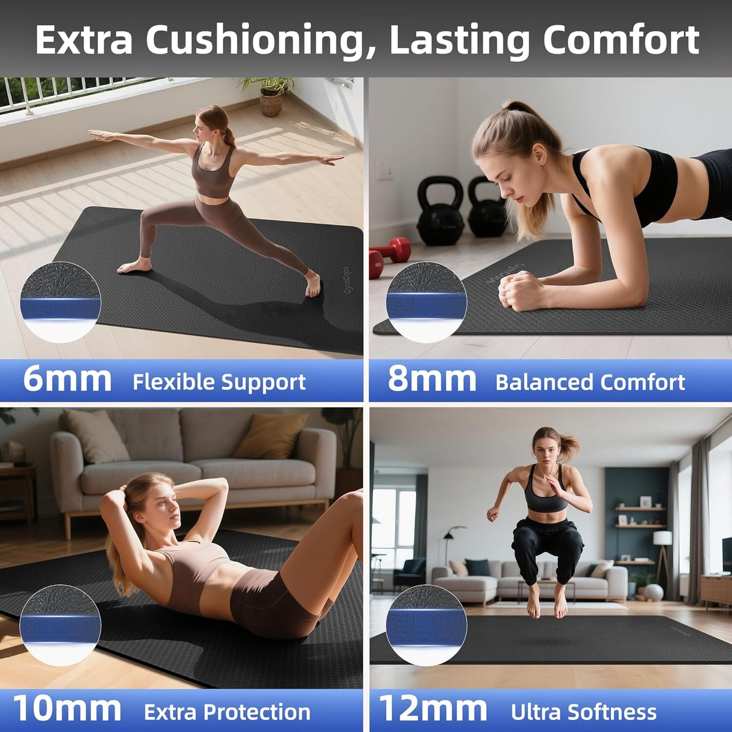 Extra Large Yoga Mat - 72"x35", 72"x48", 78"x57" - Wide TPE Exercise Mat for Home, Stretching, Couples & Family Workouts - 6-12mm Thick, Non-Slip & Waterproof - with Carry Bag and Straps