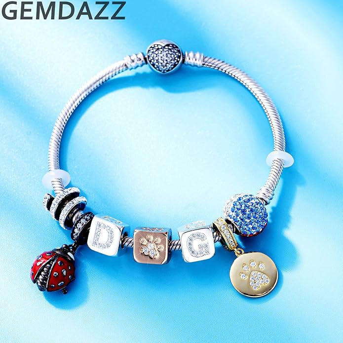 GEMDAZZ Sparkling Puppy Paw Print Charms in 925 Sterling Silver, Pave Dog Pawprint CZ Round Beads and Always in My Heart Charms, Gift for Animal Lover, fit European Women Bracelet/Necklace