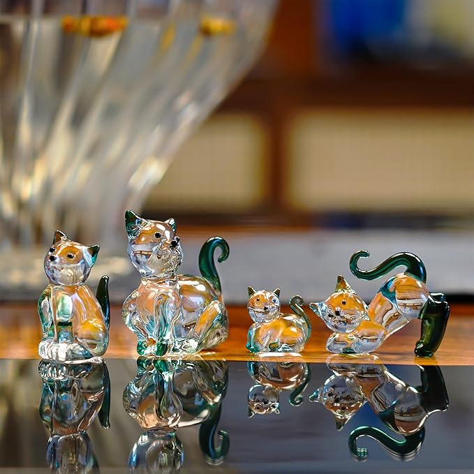 HDCRYSTALGIFTS Blown Glass Cat Figurines Collectibles Pack of 4 Emerald Green Crystal Kitty Animal Statue Kitten Sculpture for Home Decor Gift for Mom