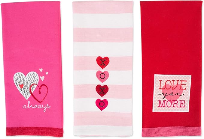 DII Valentine's Day Collection Kitchen, Dishtowel Set, 18x28, Embellished Hearts, 3 Piece