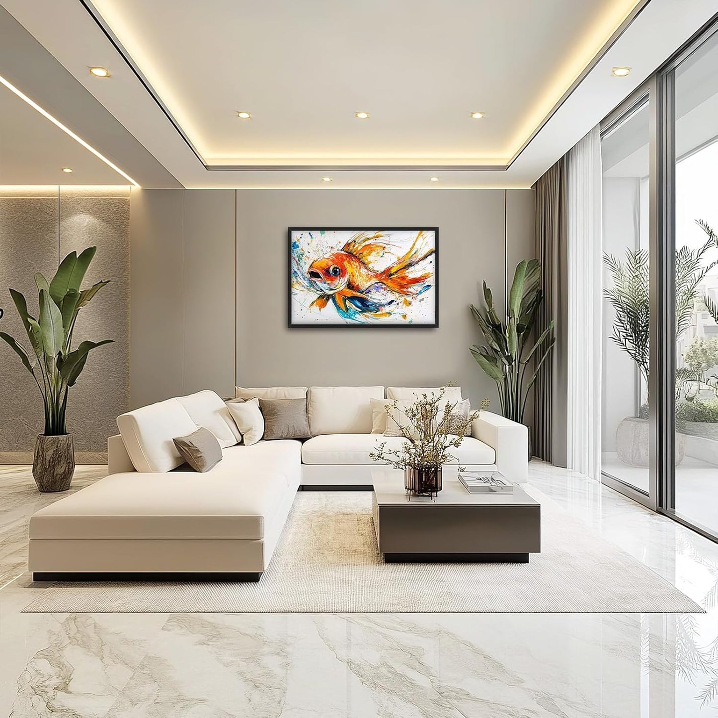 Framed Large Fish Wall Art for Living Room, Oversized Graffiti Goldfish Wall Decor Watercolor Fishing Canvas Painting Modern Artwork Home Decoration for Living Room Bedroom Office 36"x24"