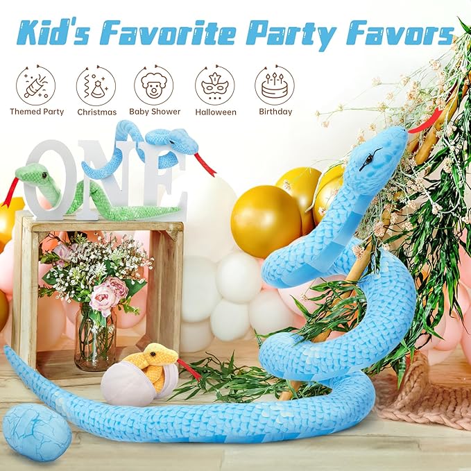 MorisMos 6 PCS Giant Snake Stuffed Animals Mommy with 3 Babies & 2 Eggs,55" Mama Stuffed Snake Toy for Kid Girl Boy,Realistic Blue Anaconda Toy,Colorful Baby Python Toys for Jungle-Themed Party Decor