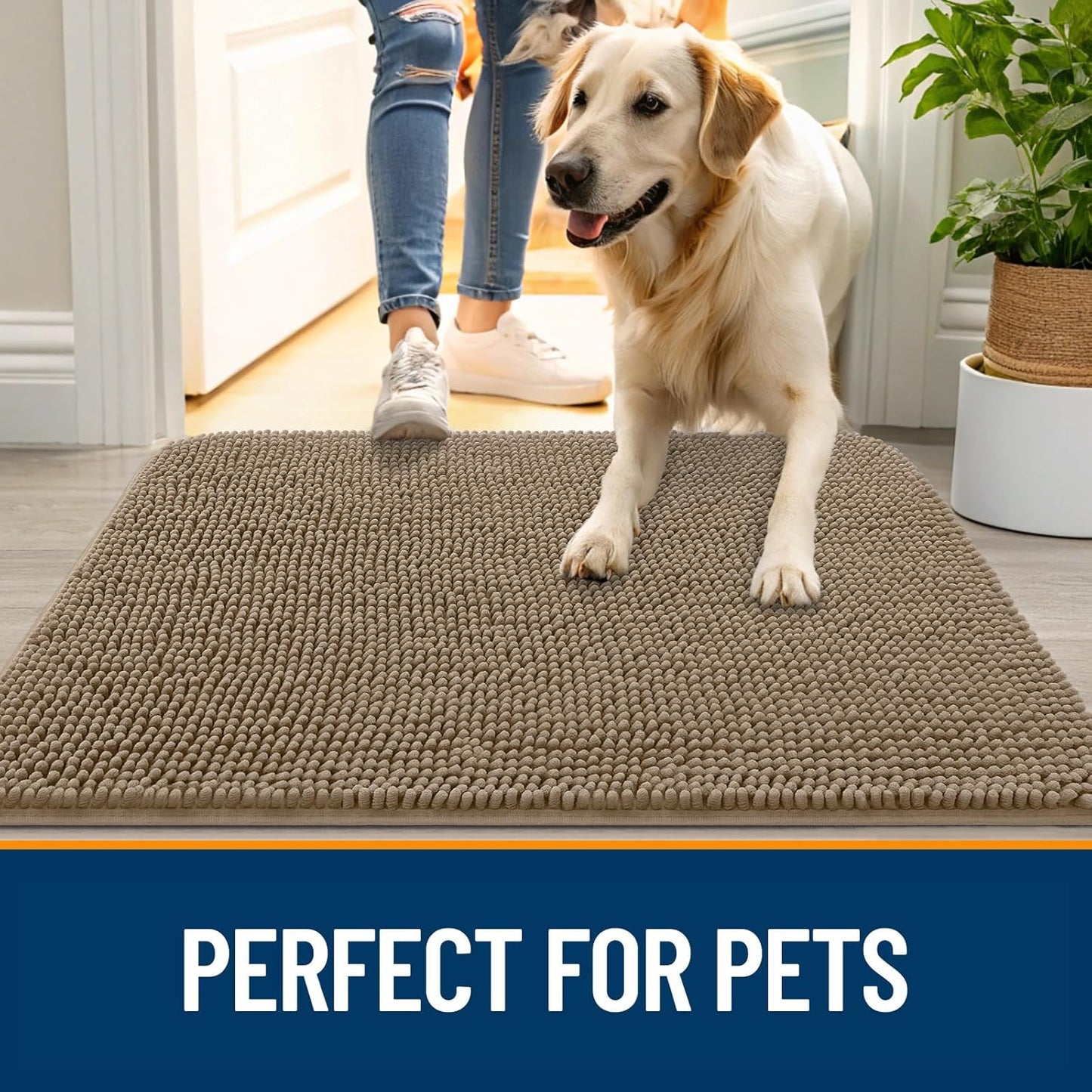 OLANLY Dog Door Mat for Muddy Paws 47x32, Absorbs Moisture and Dirt, Absorbent Non-Slip Washable Doormat, Quick Dry Chenille Mud Mat for Dogs, Entry Indoor Entryway Carpet for Inside Floor, Tan