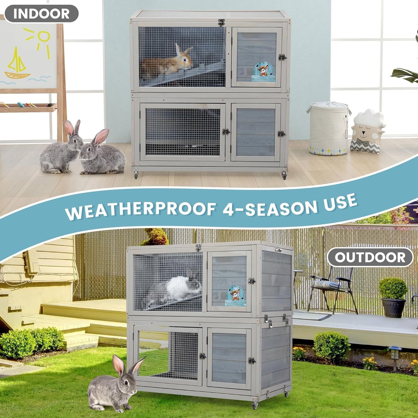 Weatherproof Wooden Rabbit Hutch for Indoor Outdoor Use, 2 Story Bunny Cage House with Wheels, Small Animal Shelter with Pull Out Tray, Non-Slip Ramp, Chicken Coop, Pet House Guinea Pigs Quail