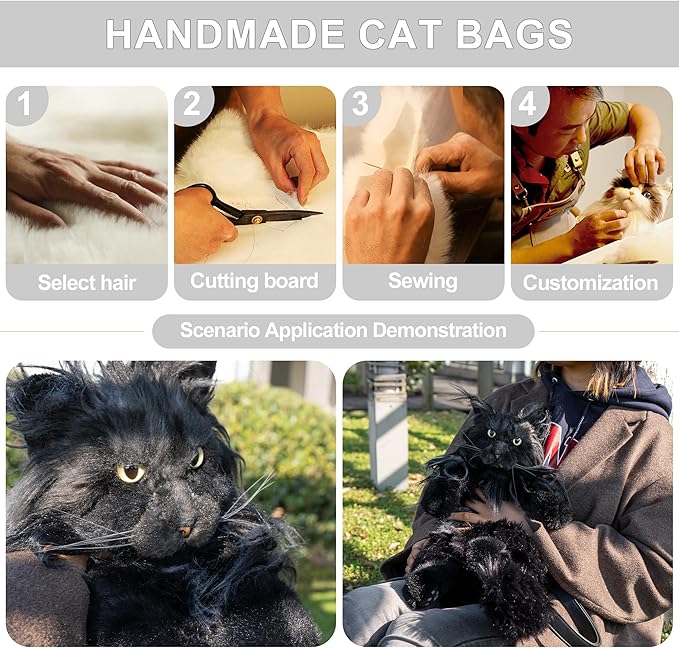 Chongker Cat Shaped Backpack - Handcrafted Stuffed Animals Bag, Black Cat Plush Bag with Adjustable Shoulder, Crossbody, and Backpack Straps, Maine Coon