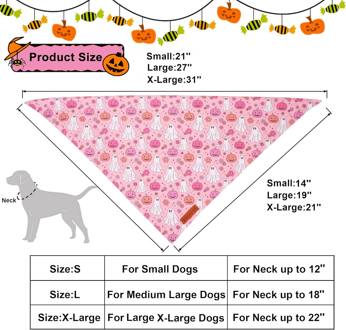 ADOGGYGO Halloween Dog Bandana, Pink Pumpkin Ghost Scarf, Adjustable Fit Female Halloween Bandanas for Large X-Large Dogs Pets (X-Large)