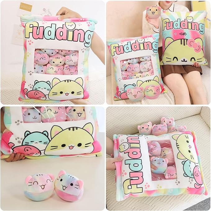 Cat Plush Pillow, Cute Plushies with Kitten Doll, Removable Stuffed Animals Throw Pillow, Kawaii Plushies Cat Toy for Kids, Gift for Girls Boys Birthday (Colorful Kittens)