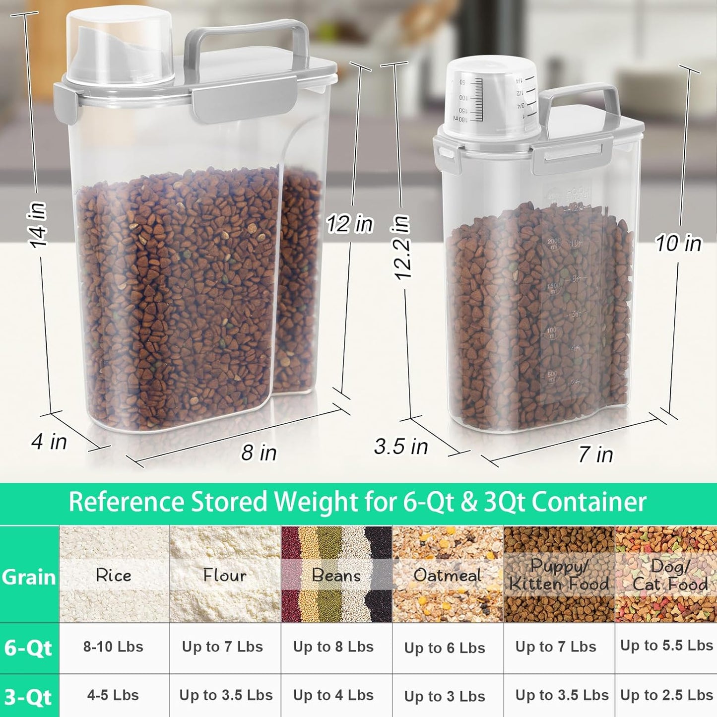TBMax Rice Container 2 Pack, Airtight Cereal Container Oatmeal Storage with Easy-pouring Spout & Handy Cup for Flour Grain Beans, Pet Dog Cat Bird Food Storage Dispenser-Light Grey