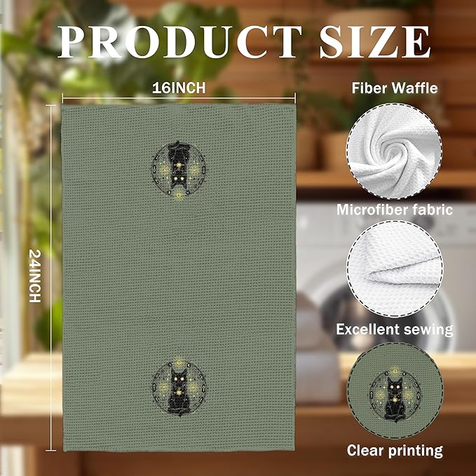 Mystical Black Cat Kitchen Towels, Boho Witchy Celestial Dish Tea Towels for Kitchen Decor, Magic Witch Astrology Black Cat Kitten Hand Towels for Bathroom Decor, 16x24 Inch