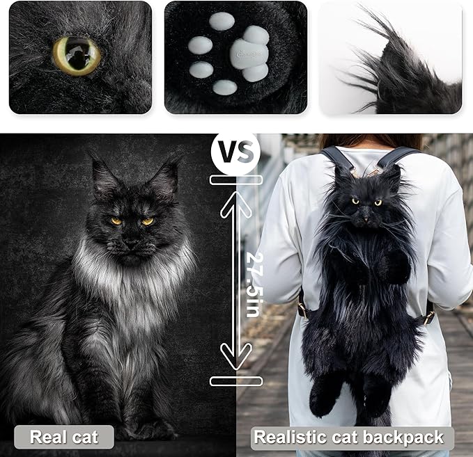 Chongker Cat Shaped Backpack - Handcrafted Stuffed Animals Bag, Black Cat Plush Bag with Adjustable Shoulder, Crossbody, and Backpack Straps, Maine Coon