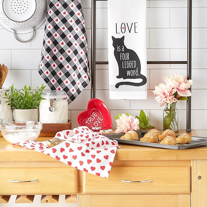 DII Valentine's Day Collection Kitchen, Dishtowel Set, 18x28, Cat Love, 3 Piece