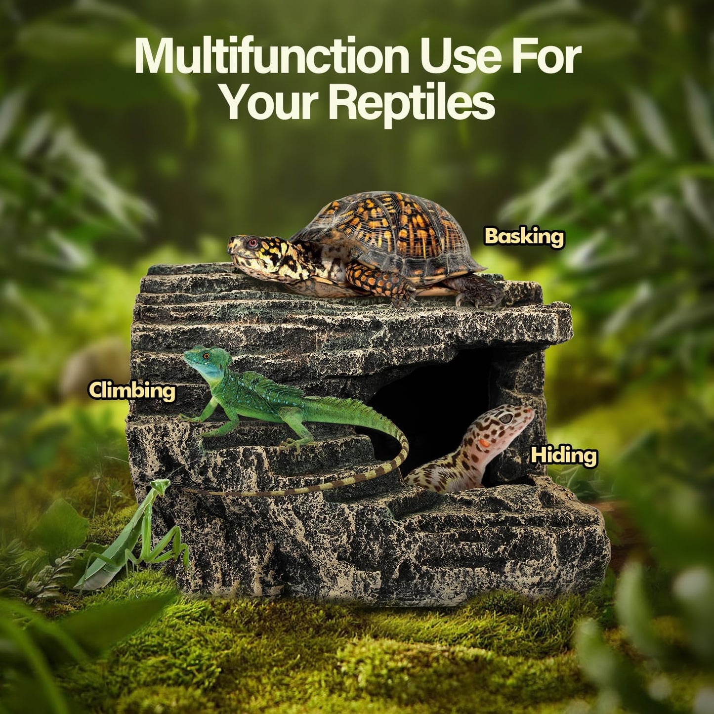 Reptile Hide, Great for Geckos, Snakes, Bearded Dragons & Lizards. with Steps for Reptile Rock Climbing, It Doubles as Aquarium Rock Cave Corner Reptile Cave for Climbing Hiding. (Stone, A-XLarge)