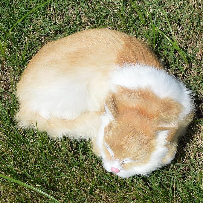 Realistic Furry Sleeping Cat Figurine Simulation Kitty Lifelike Kitten Home Office Shelf Decorative Statue, Synthetic Fur Pet Replica (Orange)