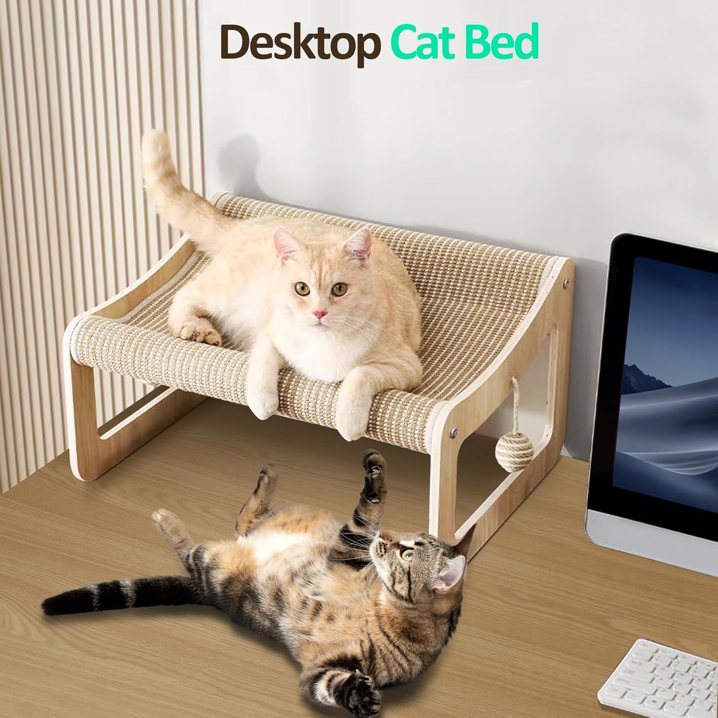 Sisal Cat Scratcher Bed for Indoor Cats Hammock for Scratching Pad, 2 in 1 Elevated Cat Sisal Chair with 2 Toys Ball for Scratcher Lounge,Kitty Bench,Dog Bed,Natural Lounger Chair
